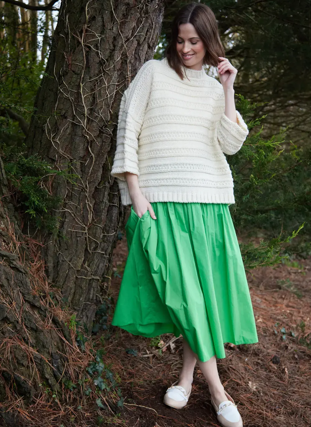 Textured Stripe Wool Crew Neck Sweater in Ecru